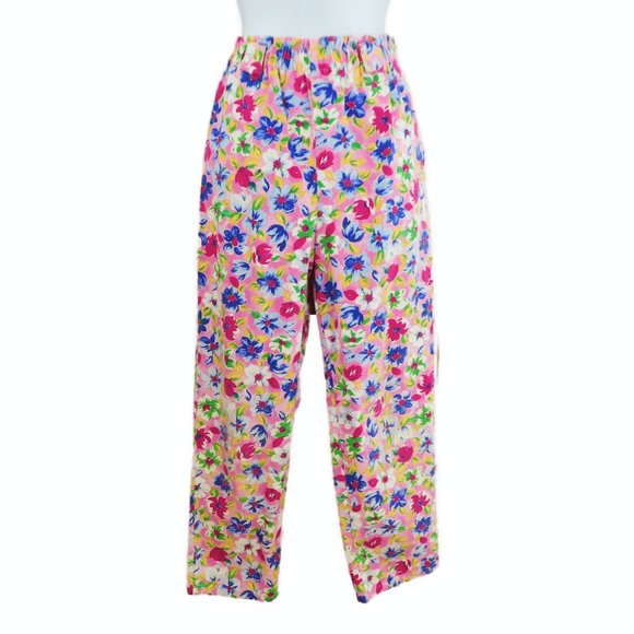 Swat Pants - Vintage Pink Floral Pull On Pants Girly Retro Elastic Waist Cotton High Rise